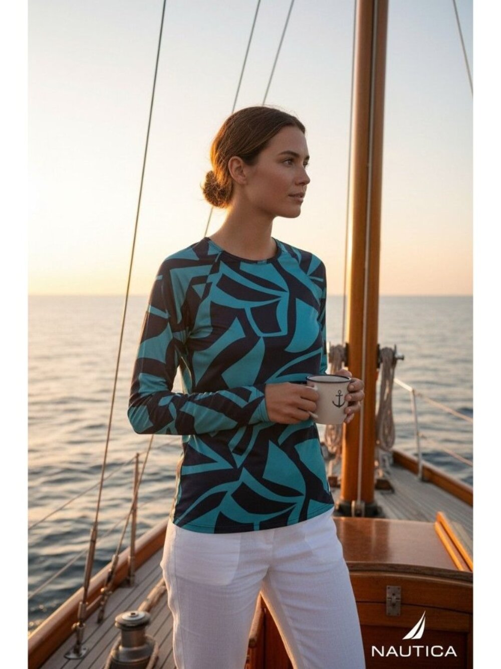 Nautica Womens Long Sleeve Rash Guard Swim Shirt Blue Abstract Print Size Large